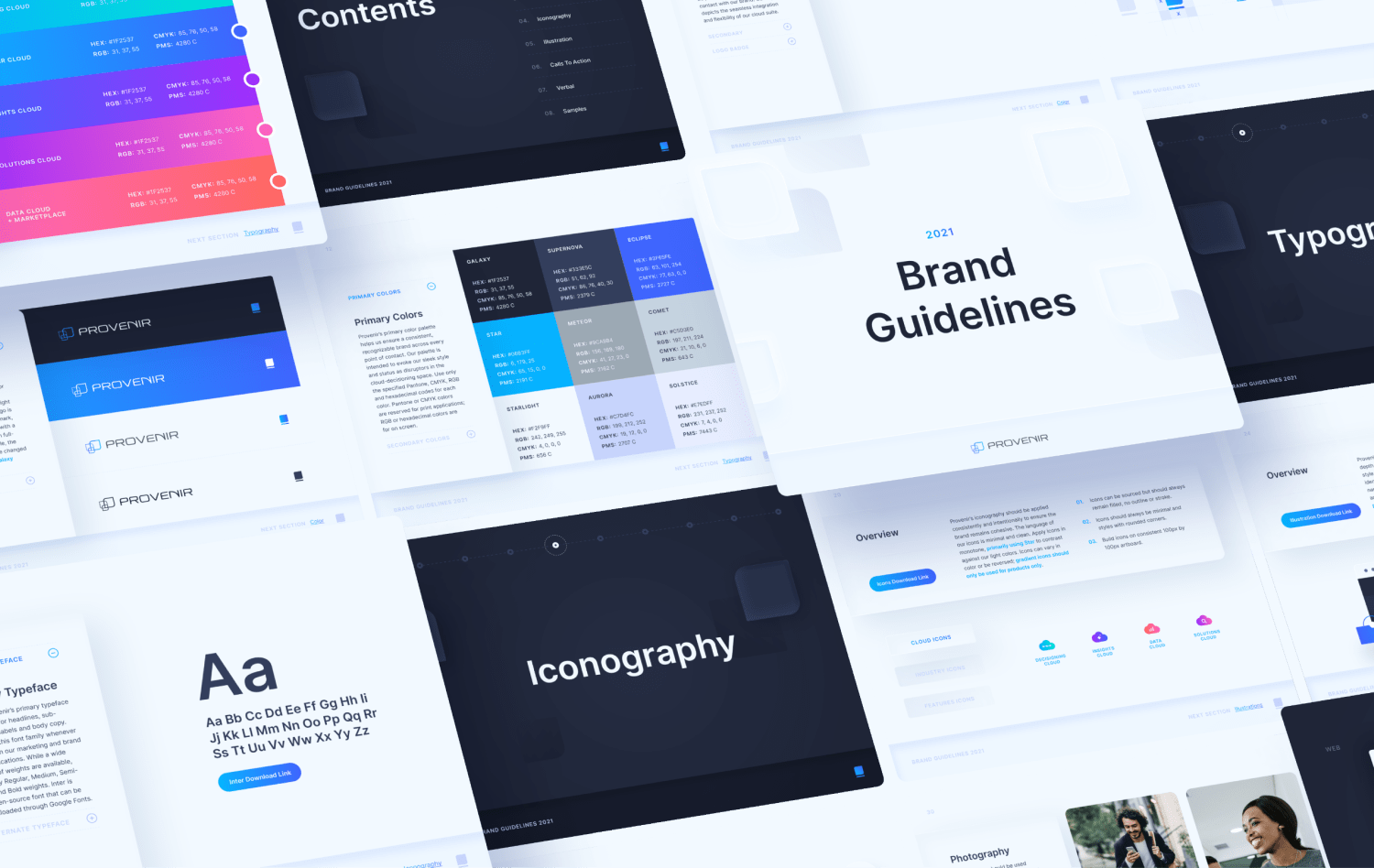 Collage of angled brand guideline pages with typography, color charts, and dark navy panels.