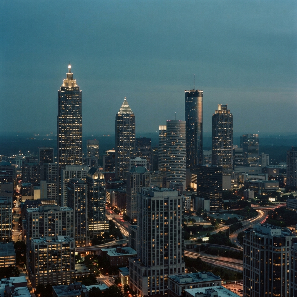 Dusk skyline with illuminated skyscrapers, dense buildings, and curving highways under a teal-blue sky.