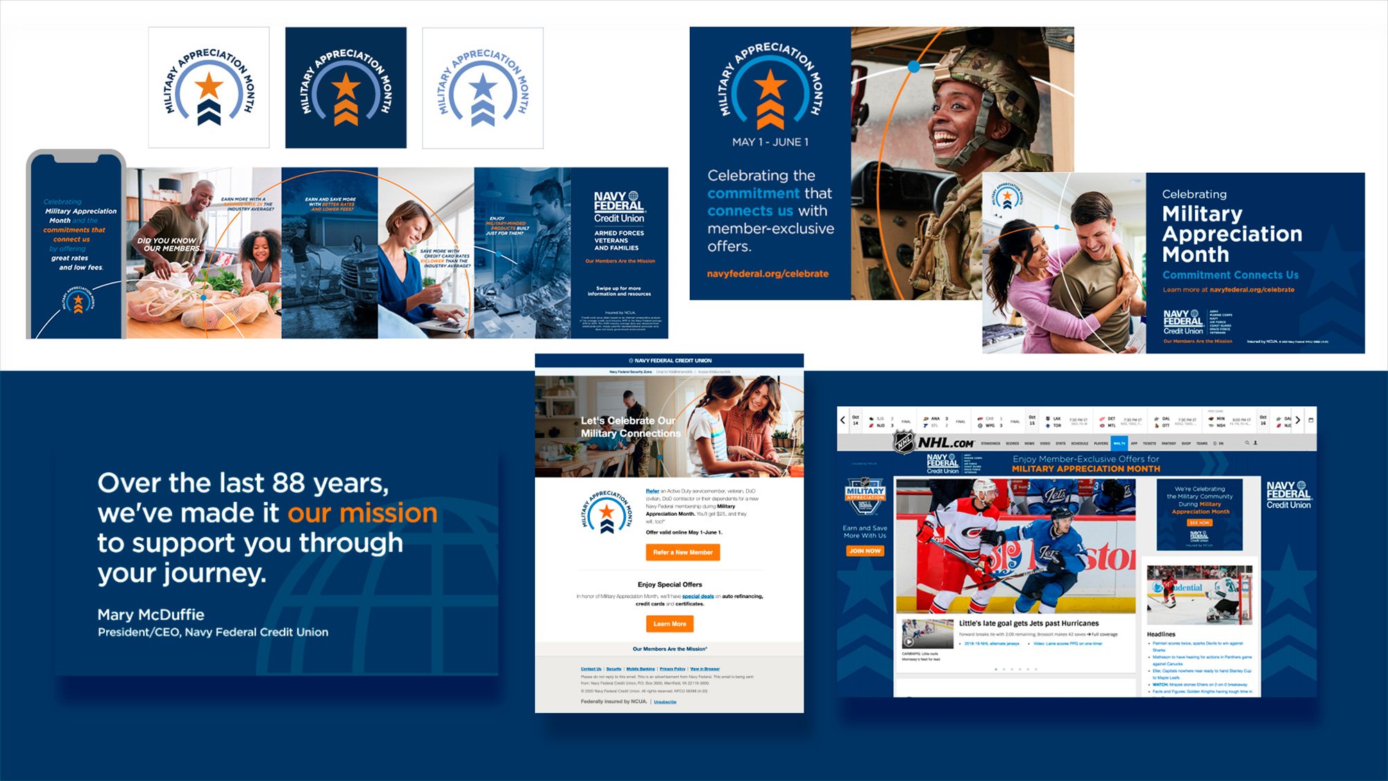 Navy Federal military appreciation campaign materials with military and family photos in a navy, white, orange, and teal collage.