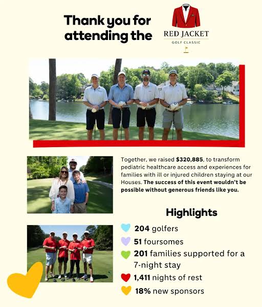 Golf event poster with four golfers, group photos, fundraising text, and colorful highlights on a cream background.