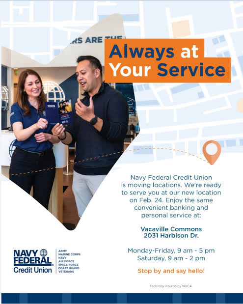 Navy Federal Credit Union flyer with two employees, an “Always at Your Service” headline, and relocation details.