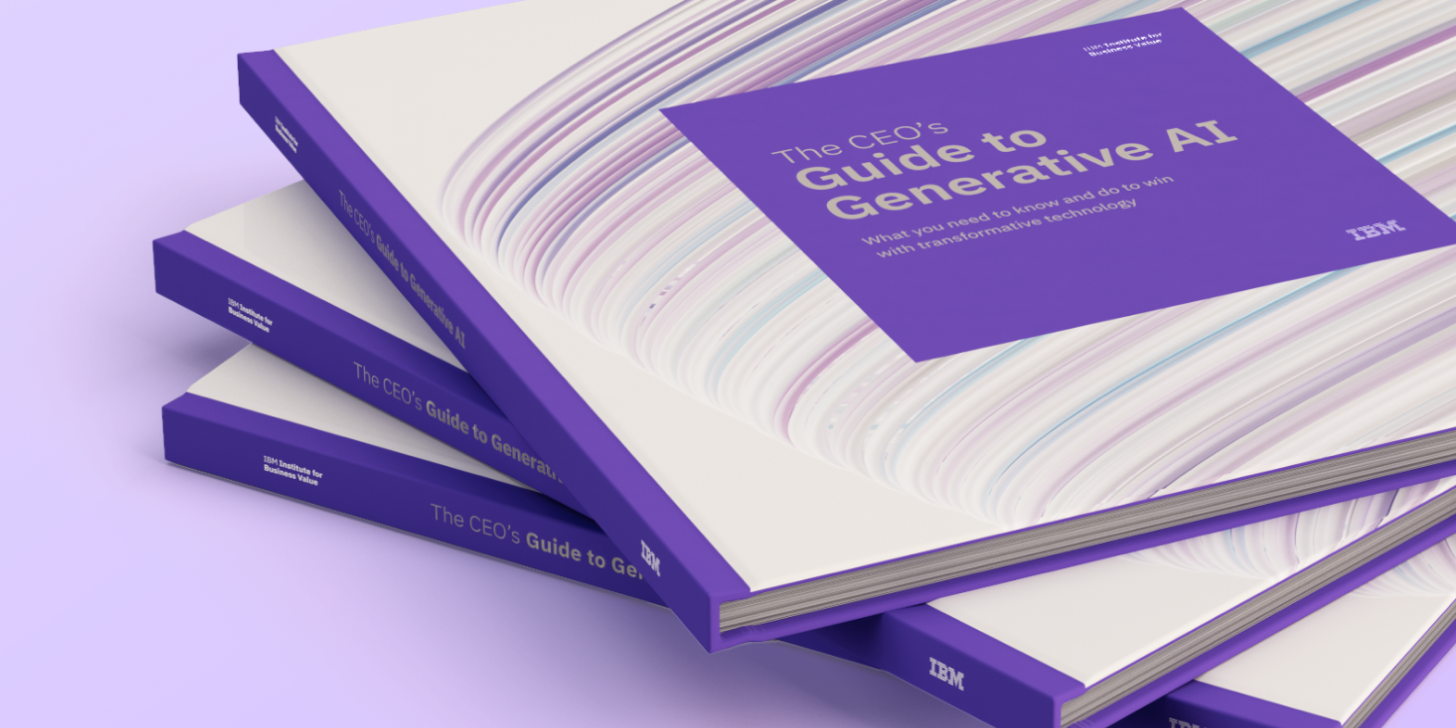 Stacked purple IBM books titled “The CEO’s Guide to Generative AI” on a lavender background.