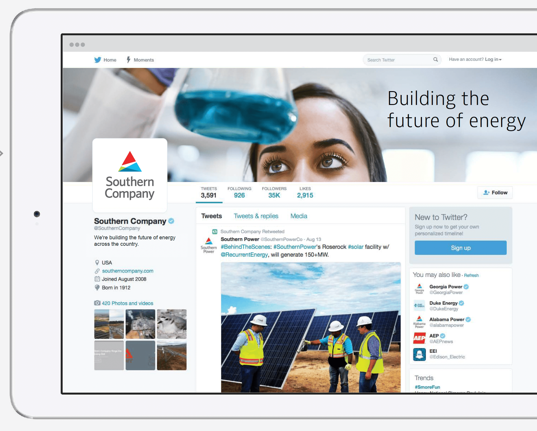 Southern Company’s Twitter profile shows a scientist with blue liquid and workers at a solar panel site.