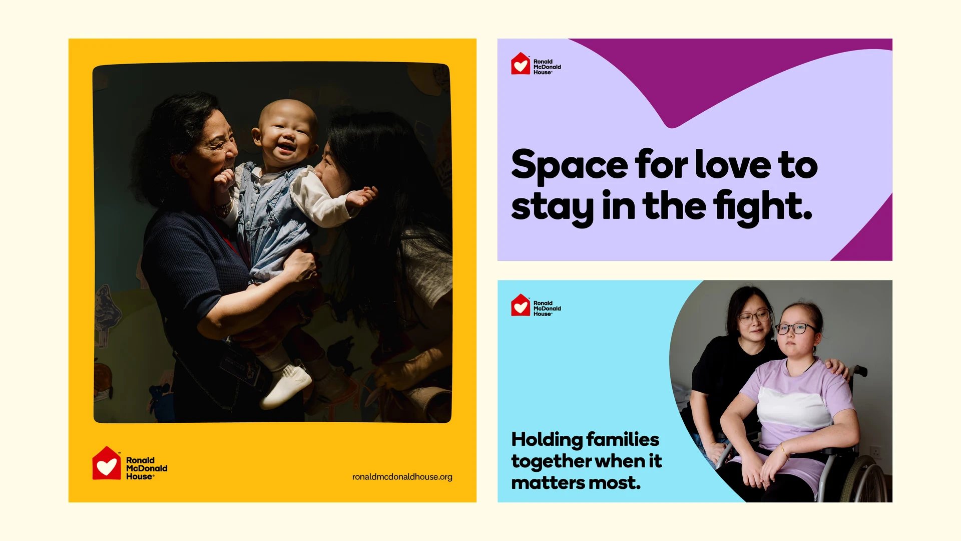 Ronald McDonald House collage with families and slogans in yellow, purple, cyan, and gray panels.