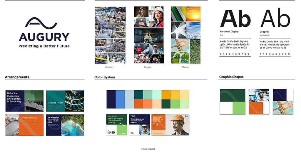 AUGURY brand identity board with logo, photos, typography, colour palette, layouts, and graphic shapes.