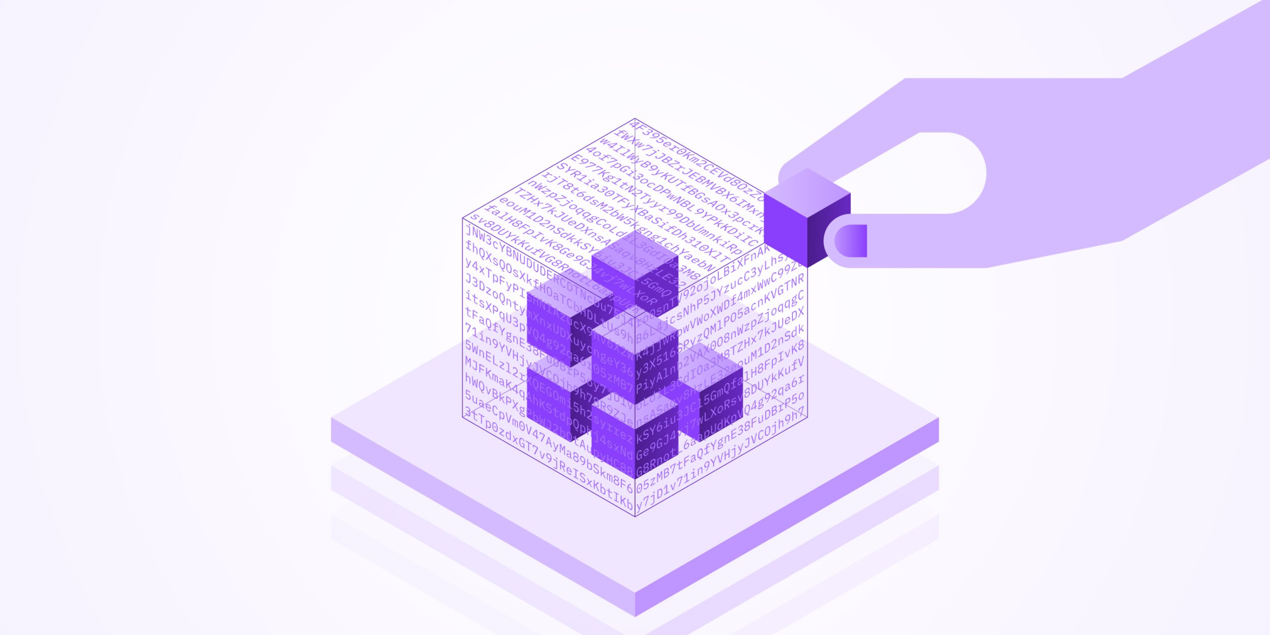 Translucent code-covered cube with purple blocks on a lavender platform beside a large key-like shape.