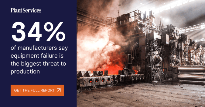 Industrial factory machinery emits smoke and flames beside a navy panel stating equipment failure statistics.