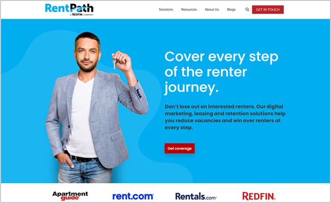 Website banner showing a man holding keys beside rental marketing text on a bright blue background.