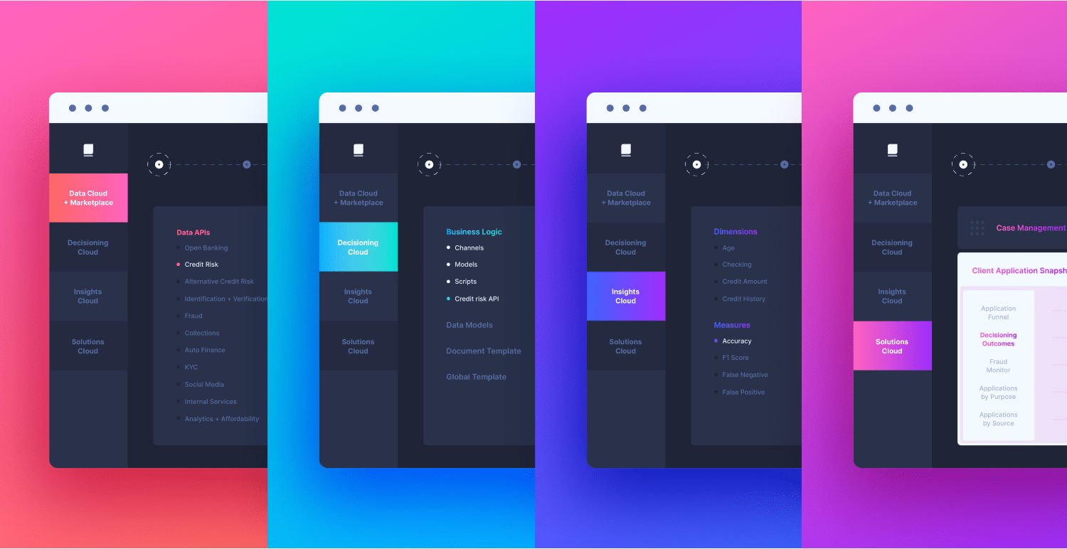Four dark software interface panels appear across pink, cyan, purple, and magenta gradient backgrounds.