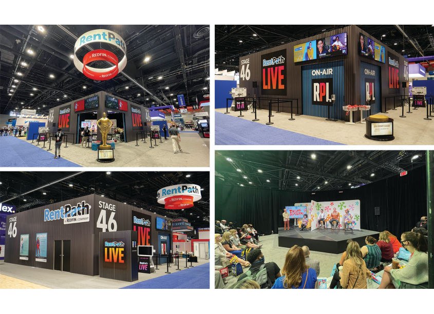 Four-panel collage of a RentPath LIVE trade show booth and an audience watching a stage presentation.