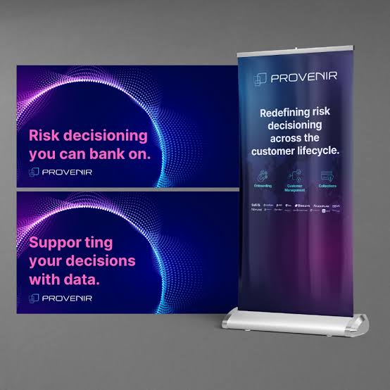 Provenir marketing banners with blue and purple graphics and risk decisioning messages.