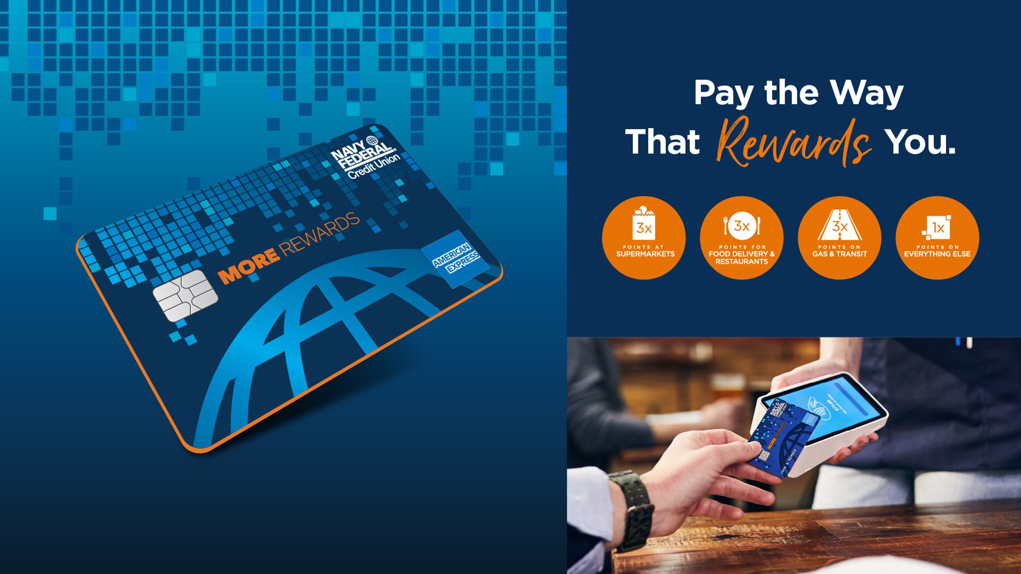 Navy Federal rewards credit card beside promotional text, reward icons, and a contactless payment photo.