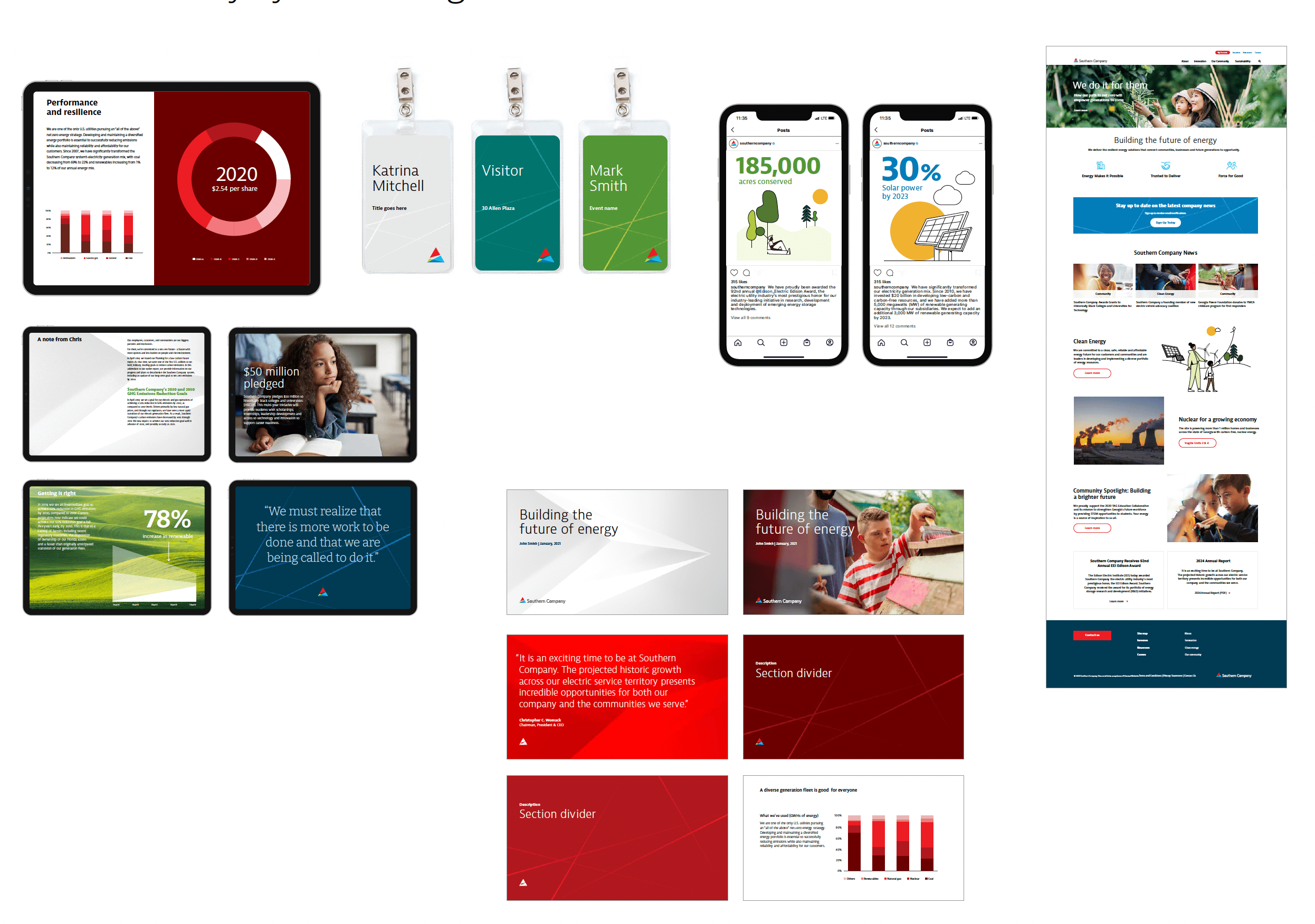 Southern Company brand mockups show slides, badges, social posts, and a website in colorful layouts.