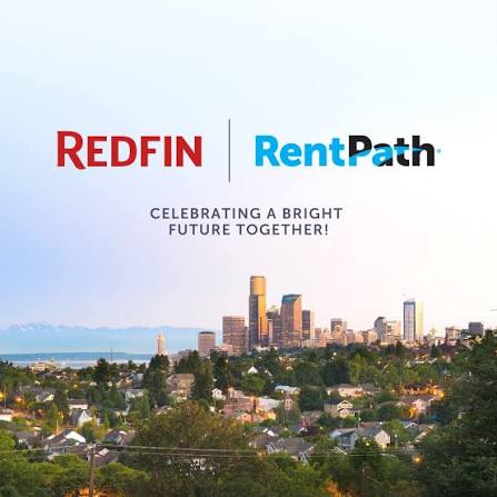 Redfin and RentPath logos above a city skyline and residential neighborhood.