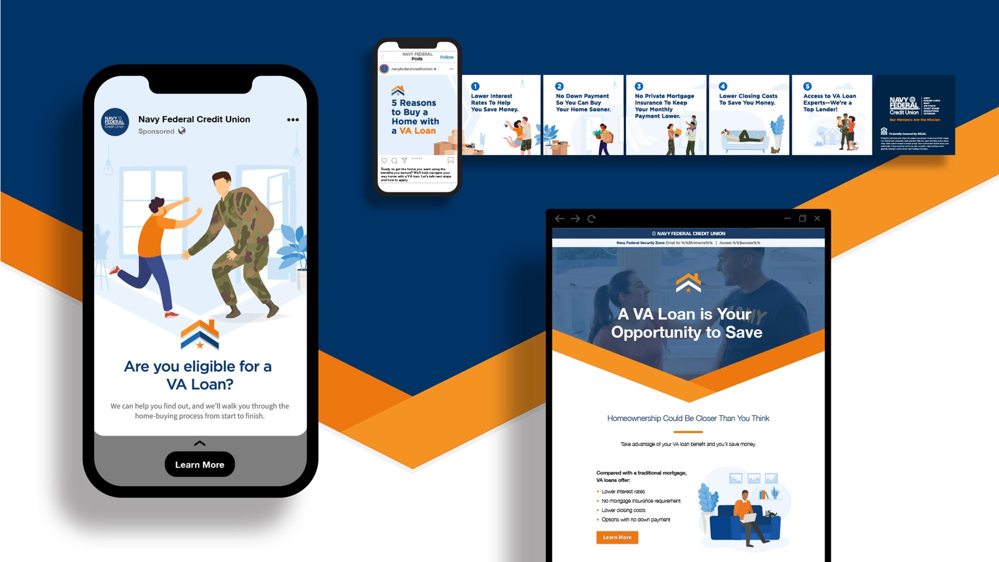 Navy Federal VA loan campaign shown on a smartphone, social carousel, and website mockup.